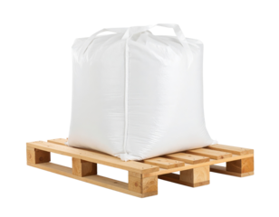 A large white bulk bag filled with material sits securely on a wooden pallet with handles for easy lifting and transport.