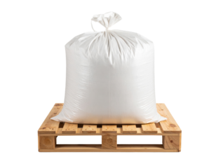 A large white woven polypropylene sack filled and tied at the top, placed on a wooden pallet.