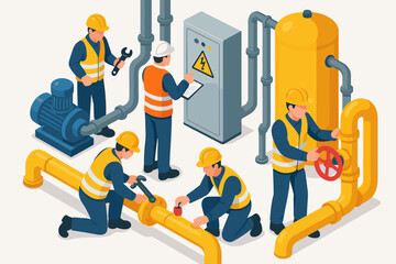 Isometric industrial scene with a team of technicians working on machinery. Engineers doing maintenance and repairing a pipeline, motor, and electrical panel. Factory teamwork concept.