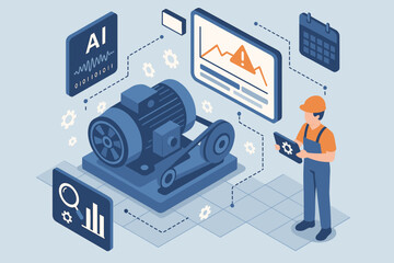 Predictive maintenance isometric concept with AI. Engineer using tablet to monitor industrial motor status. Industry 4.0, smart factory, IoT technology for machine analysis.