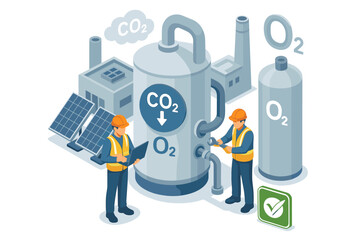 Isometric vector illustration of carbon capture technology with engineers at a factory. CO2 removal and conversion to oxygen using solar power for decarbonization and climate solutions.