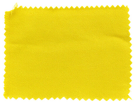 A bright yellow fabric swatch with a zigzag cut edge, displaying a textured weave pattern and a slightly frayed corner.