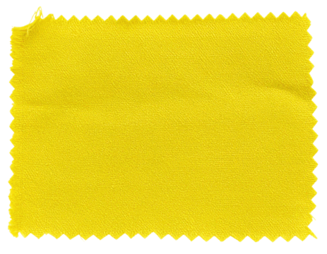 A bright yellow fabric swatch with a zigzag cut edge, displaying a textured weave pattern and a slightly frayed corner.