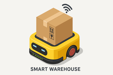 Isometric smart warehouse robot carrying cardboard box. Automated guided vehicle AGV for logistics automation. Autonomous mobile robot AMR for package delivery. Industry 4.0 concept.