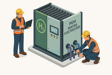 Engineers team at work on a PEM water electrolyzer. Isometric illustration of green hydrogen production. Concept for H2 energy, sustainable industry, and clean fuel technology.