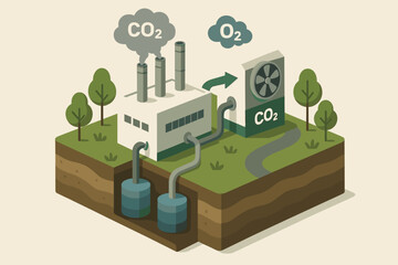 Carbon capture technology infographic. Factory CO2 emissions are processed, releasing clean oxygen. Concept for decarbonization, utilization, storage, and climate change solutions.