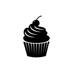Black and white cupcake with cherry on top in simple illustration on white background , no background