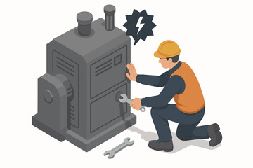 Engineer fixing an industrial machine breakdown. Isometric vector concept of maintenance and repair service. Technician worker with wrench repairing a generator or electrical equipment.