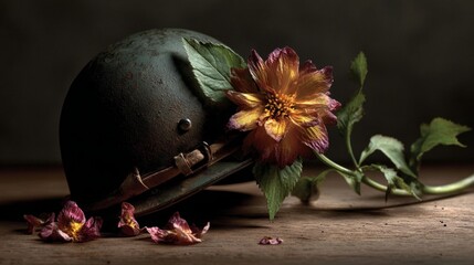 A wilted flower on a soldiers helmet, symbolizing grief and honor.