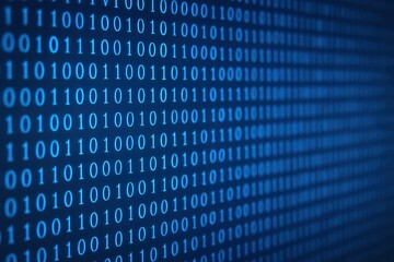 Glowing blue binary code fills digital screen, creating futuristic high-tech atmosphere. abstract data flow represents cybersecurity, programming, artificial intelligence, modern computing technology