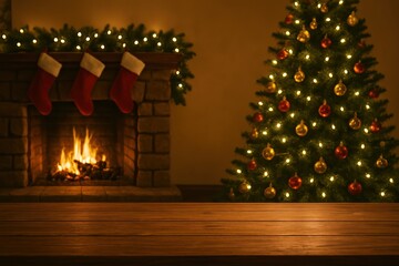cozy holiday setting featuring beautifully decorated Christmas tree warm fireplace. soft glow of festive lights creates a welcoming atmosphere, with ample copy space for seasonal messages or designs.