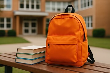 An orange school backpack sits on a wooden bench with textbooks beside it, against softly blurred school background. scene evokes learning, education, and student life in a warm and nostalgic setting.