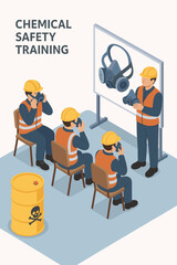 Chemical safety training concept. Isometric illustration of instructor teaching workers about hazardous materials and how to use personal protective equipment like respirators or gas masks.