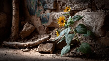 A wilted sunflower growing beside a broken wall, symbolizing hope beside ruin.
