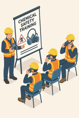 Industrial safety training on handling hazardous materials. Instructor teaches employees about chemical protection and using personal protective equipment like gas masks. Isometric.