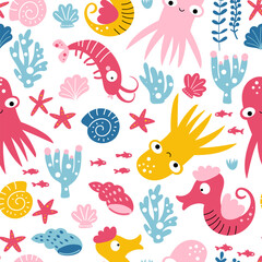 Sea animals kids seamless pattern