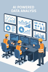 AI powered data analysis for smart factory. Industrial engineers team in control room monitoring production process. Workers at computer dashboard with charts and graphs. Industry 4.0.