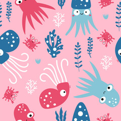 Funny sea animals seamless pattern