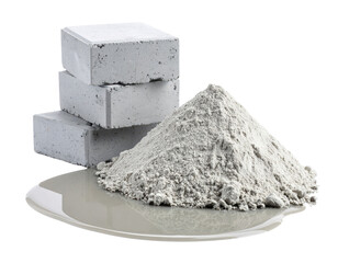 Three stacked concrete blocks and a pile of fine grey cement powder resting on a reflective surface.