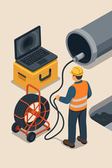 Sewer pipe inspection service isometric vector illustration. Plumber worker using video camera for drain diagnostics and pipeline maintenance. Professional plumbing technology concept.