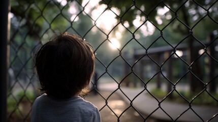 A child staring through a fence at a playground, symbolizing longing and emotional distance.