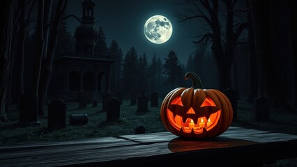 haunting Halloween scene featuring glowing jack-o'-lantern with flickering candles, set against spooky forest under full moon. Pumpkins rest in misty graveyard, creating an eerie mysterious atmosphere