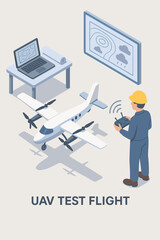 UAV test flight isometric vector. Engineer operating unmanned aerial vehicle with remote control. Aerospace technology, drone logistics, cargo delivery, flight simulation research.
