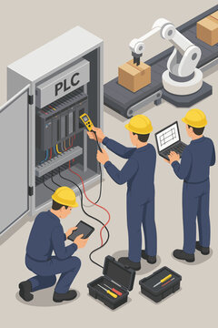 PLC programming and maintenance isometric vector. Team of engineers or technicians servicing industrial automation control panel in a smart factory with robotic arm and conveyor belt.