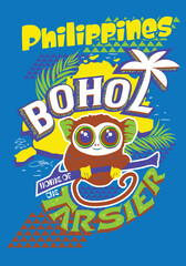 Bohol Philippines ethnic style drawing of tarsier and chocolate hills