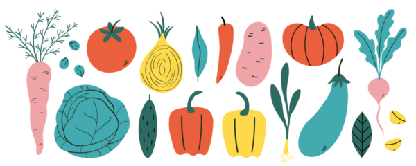 Vegetables in cartoon style on isolated background vector illustration. Set with carrot, cabbage, tomato, capers, potato, pumpkin, radish, onion, garlic, pepper, paprika, cucumber, greens, eggplant