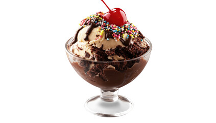Chocolate ice cream sundae with brownie topping, cherry, and sprinkles