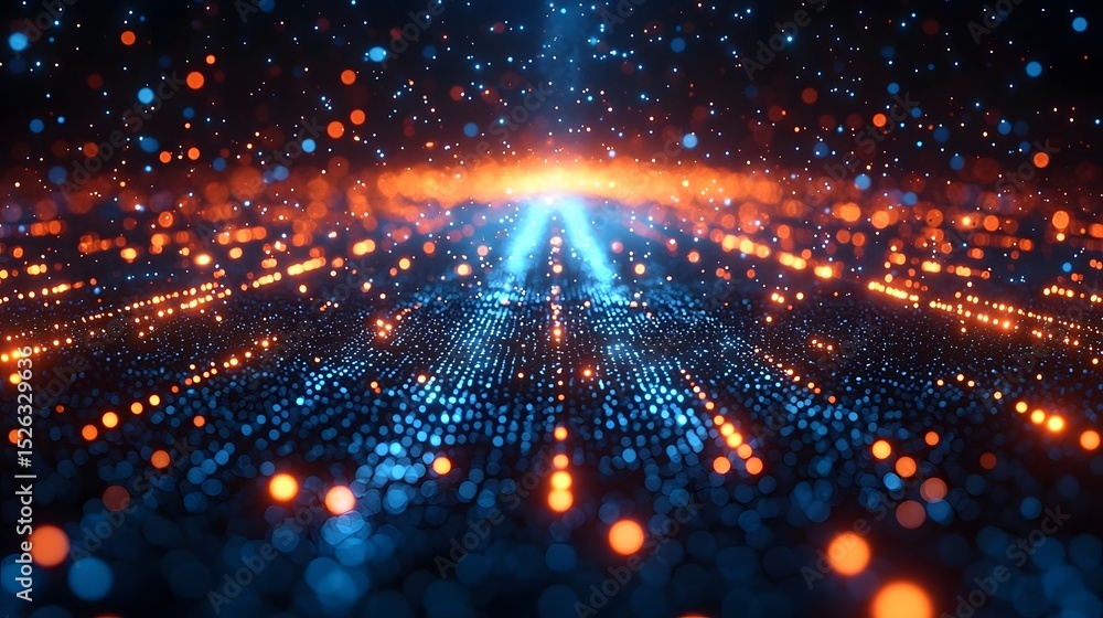 Poster glowing quantum computer processing data through entangled photons