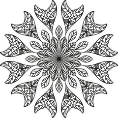 Intricate Black and White Mandala Design with Floral and Leaf Motifs