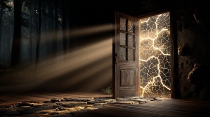 A cracked door slowly opening with sunlight, symbolizing the beginning of healing.