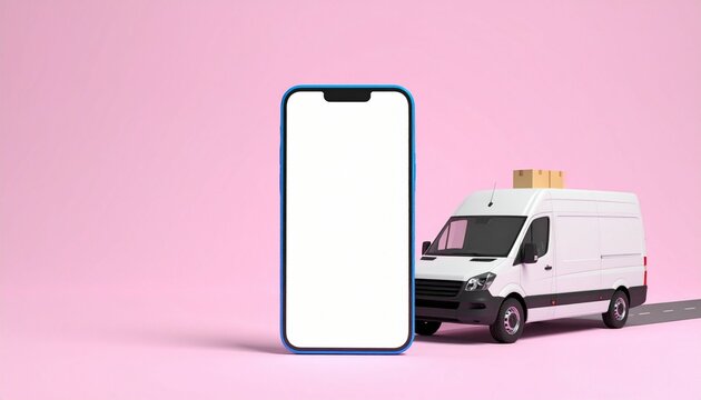 Smartphone and delivery van on road, pink background. Mockup