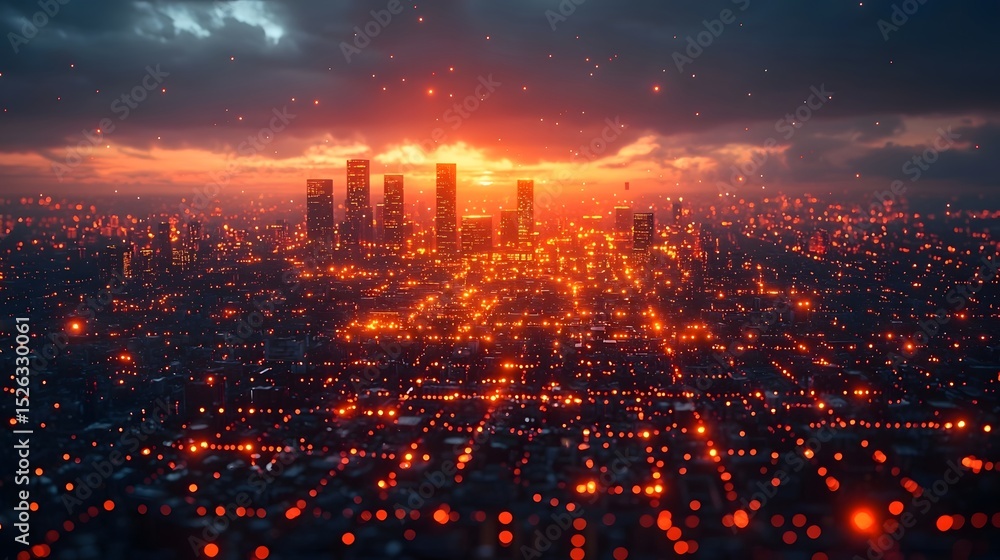 Poster a futuristic city powered by smart grid technology glowing with interconnected digital energy nodes 