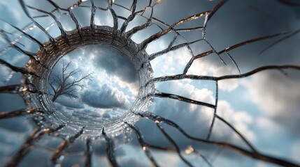A cracked mirror reflecting a cloudy sky, symbolizing shattered identity and internal conflict.