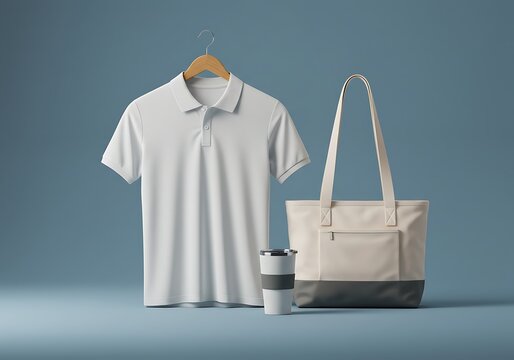 White Polo Shirt Mockup with Tote Bag and Travel Mug