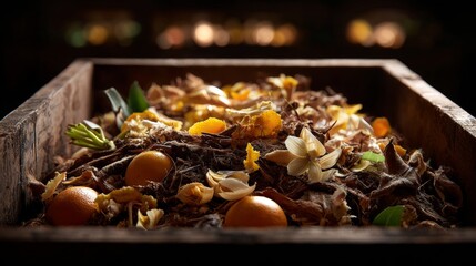 A compost bin overflowing with peels, symbolizing renewal through waste.