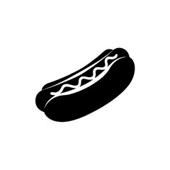 A black and white graphic illustration of a hot dog with mustard on white background , no background