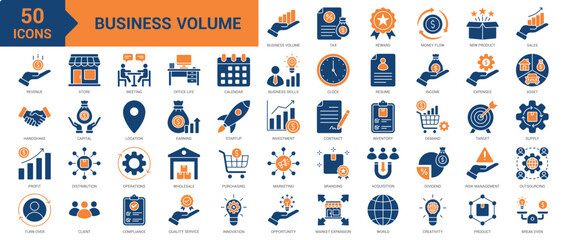 Fototapeta premium Business Volume icon collection set. Containing new product, sales, revenue, reward, money flow, deal, tax, profit, turnover, store, meeting, office life, demand, capital icon. Simple flat vector