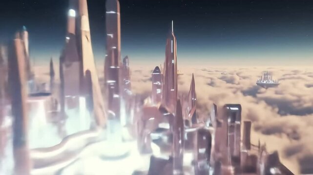 Glowing Futuristic City Levitating Above Clouds: A Seamless Loop