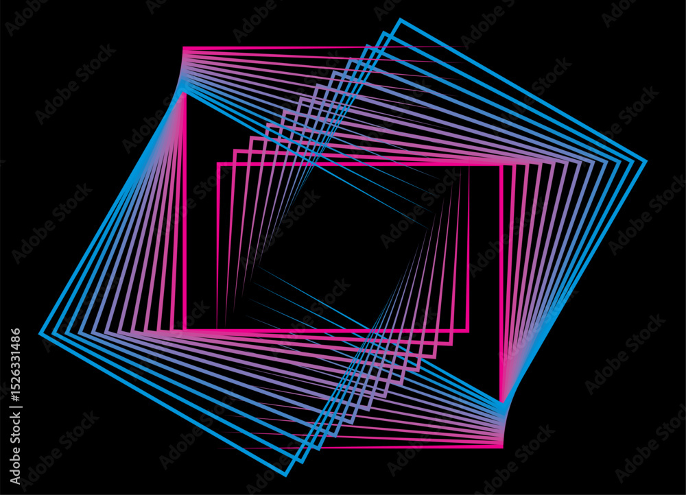 Poster abstract rectangular geometric shapes flowing from thin colored lines on a black background. modern 