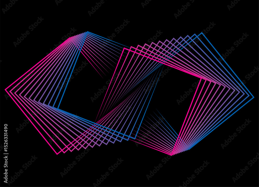 Poster abstract flowing geometric shapes from thin colored lines on black background. modern design element