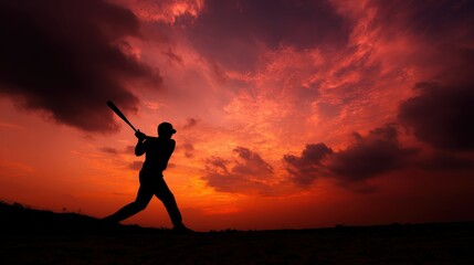 Striking Silhouette of a Baseball Batter Against a Vibrant Sunset Sky - Captivating Minimalist Sports Imagery