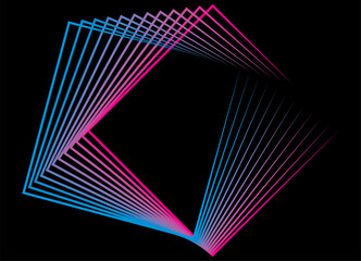 Abstract flowing squares, made of thin colored lines on a black background. Modern technological design element. Vector geometric background for covers, advertising, posters. Blue and purple rays