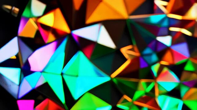 Abstract geometric mosaic featuring colorful triangle shapes arranged in circular symmetrical pattern with golden accents on dark background.