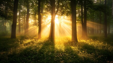 Fototapeta premium A serene sunrise over a misty forest, with rays of sunlight breaking through the trees, illuminating the morning fog
