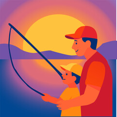 Father and son fishing together at sunset in Father’s Day