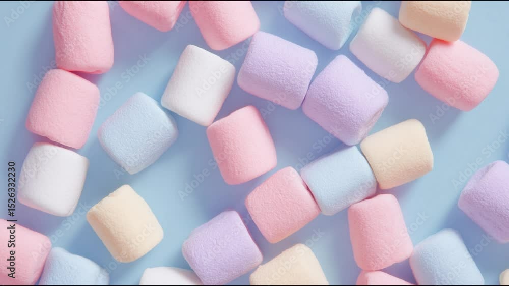 Poster a colorful display of soft marshmallows scattered in a vibrant array.
